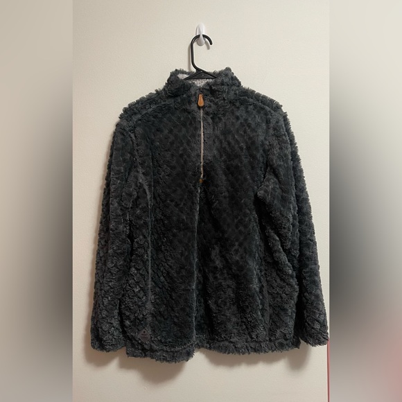 Simply Southern Tops - Simply Southern - Women's Grey Sherpa Faux Fur Quarter Zip Pullover Jacket - M